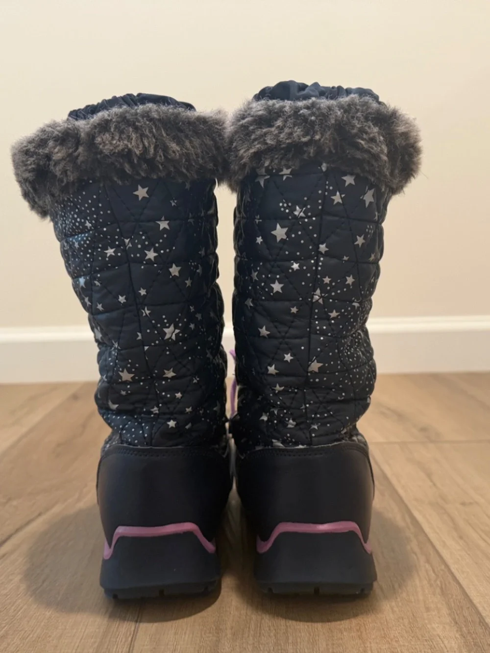 Lands’ End Girls Snow Boots Size 2M Navy Star Print Faux Fur